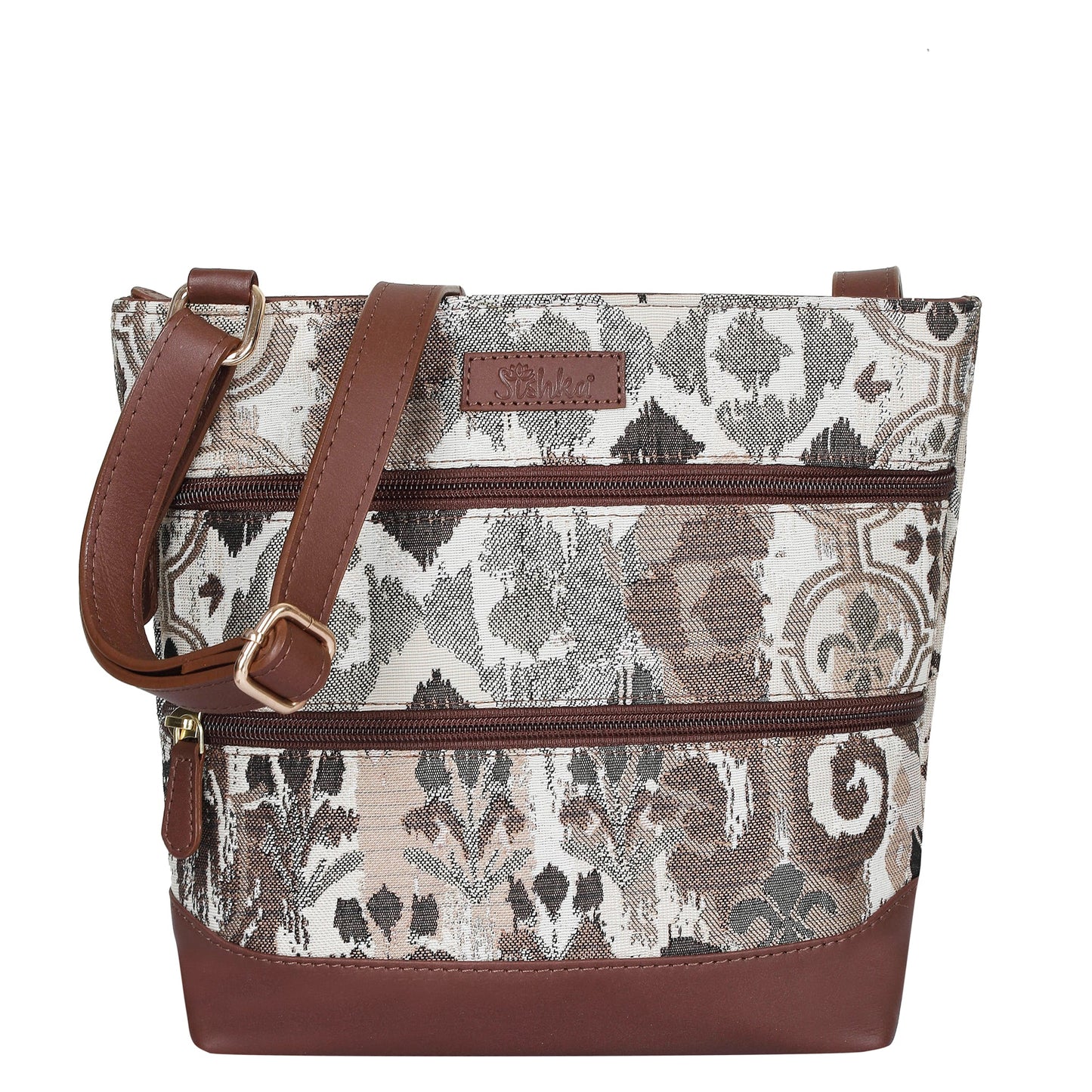 Women’s abstract tapestry crossbody sling bag with leather trim for daily, travel, office, and everyday use