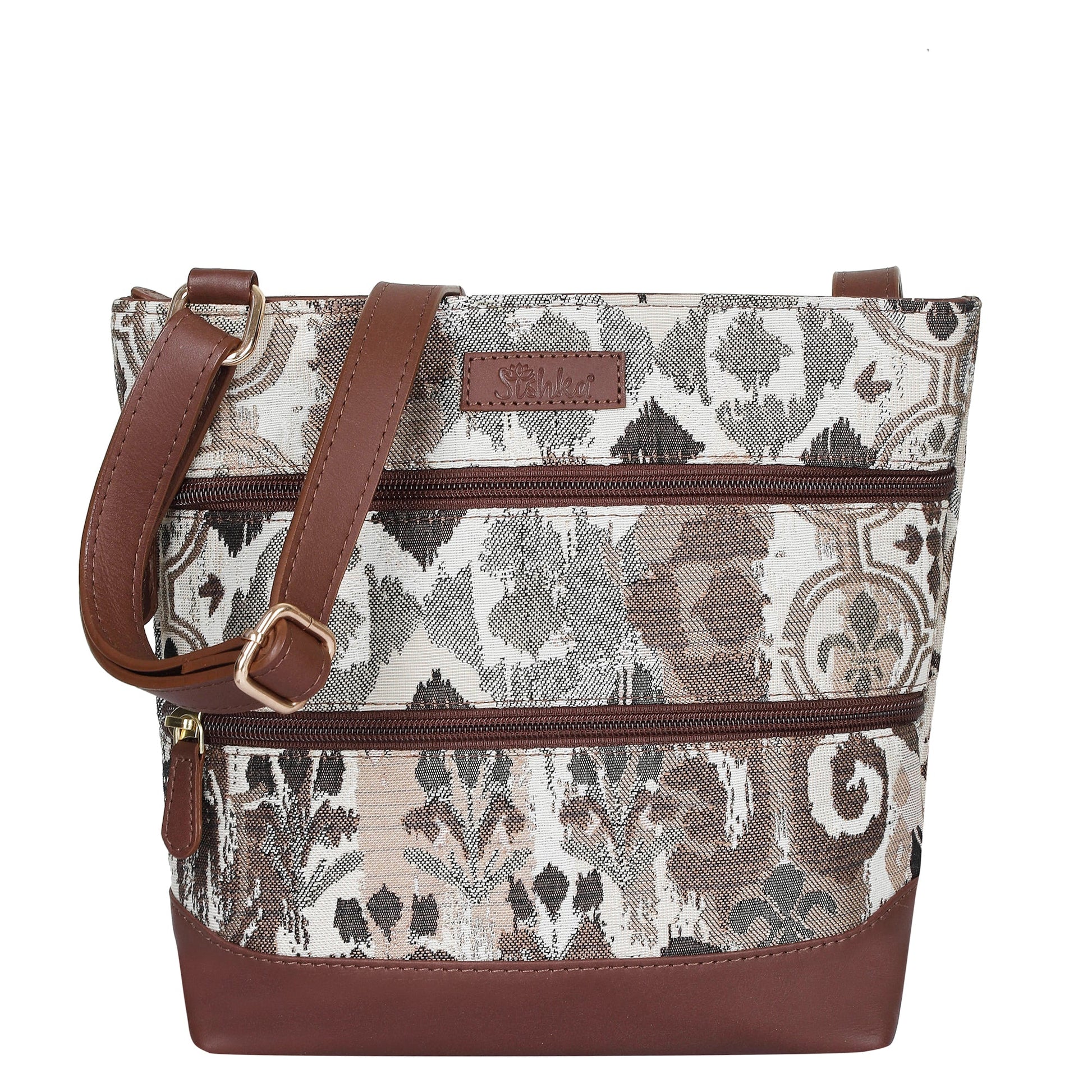 Women’s abstract tapestry crossbody sling bag with leather trim for daily, travel, office, and everyday use