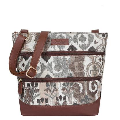 Women’s abstract tapestry crossbody sling bag with leather trim for daily, travel, office, and everyday use