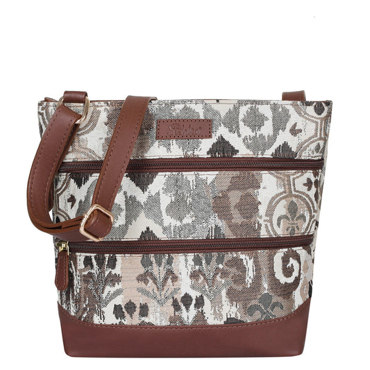 Abstract Tapestry Crossbody Sling Bag – Women’s Shoulder & Messenger Purse with Genuine Leather Trim