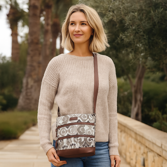 Abstract Tapestry Crossbody Sling Bag – Women’s Shoulder & Messenger Purse with Genuine Leather Trim