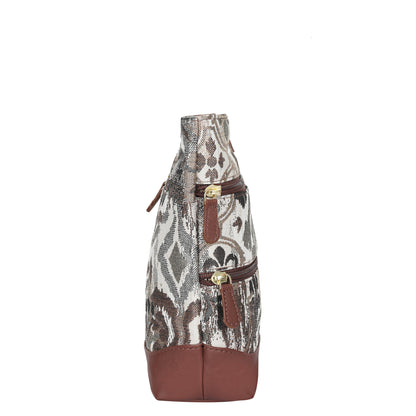 Abstract Tapestry Crossbody Sling Bag – Women’s Shoulder & Messenger Purse with Genuine Leather Trim