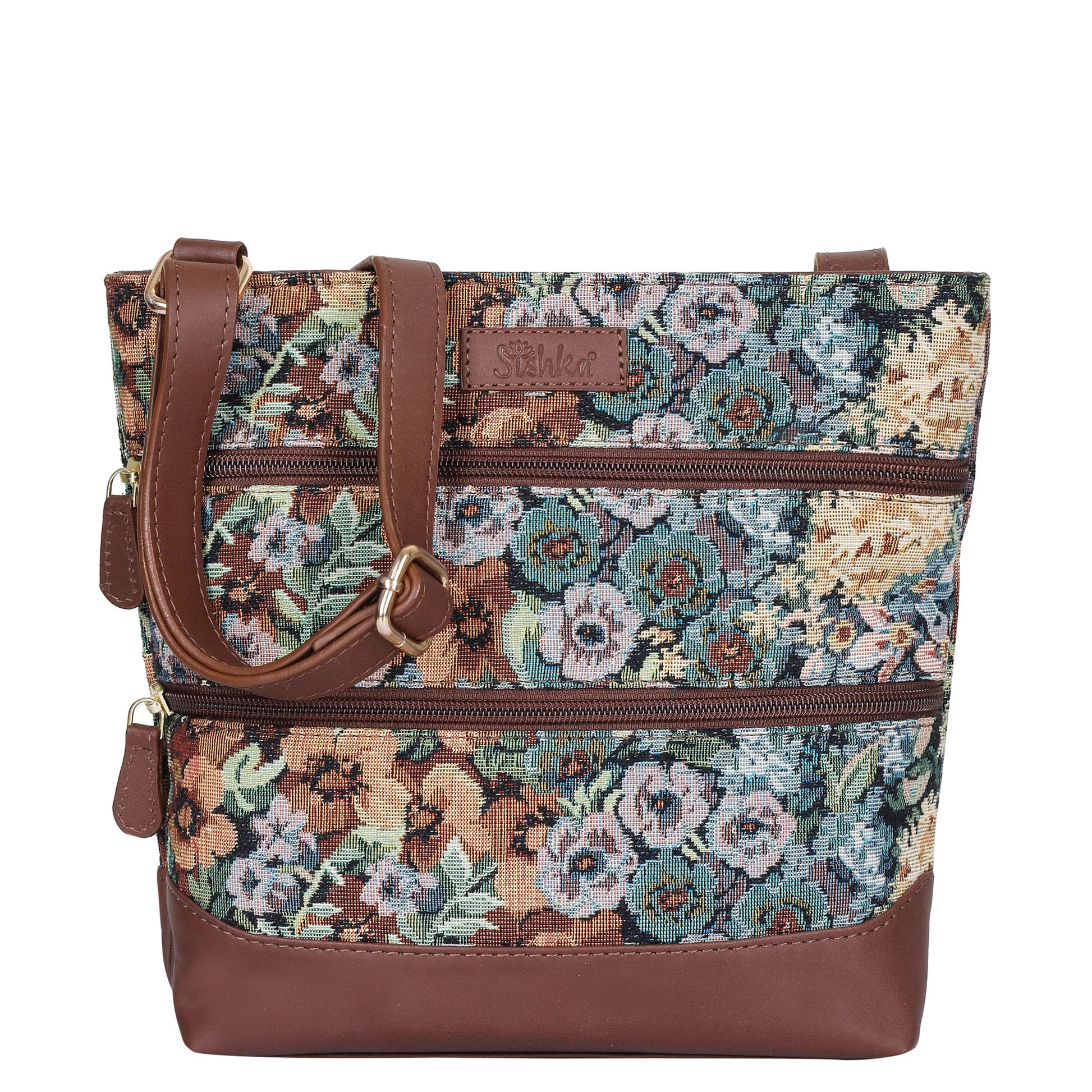 Women’s botanical tapestry crossbody sling bag with leather trim for daily, travel, office, and everyday use
