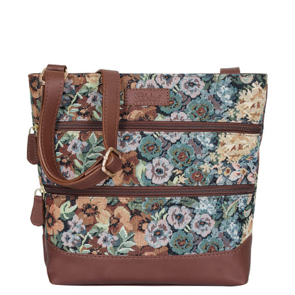 Women’s botanical tapestry crossbody sling bag with leather trim for daily, travel, office, and everyday use