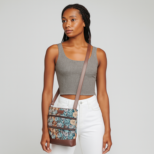 Botanical Tapestry Crossbody Bag – Women’s Shoulder & Messenger Purse with Genuine Leather Trim
