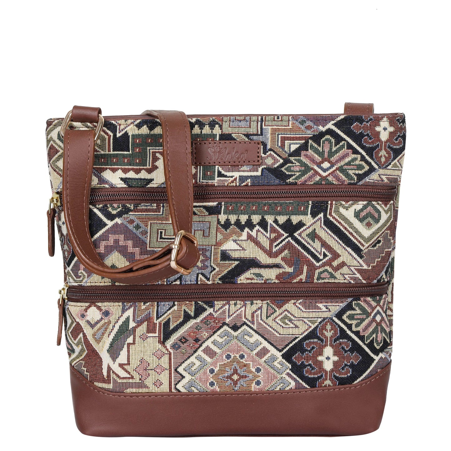 Women’s geometric tapestry crossbody sling bag with leather trim for daily, travel, office, and everyday use