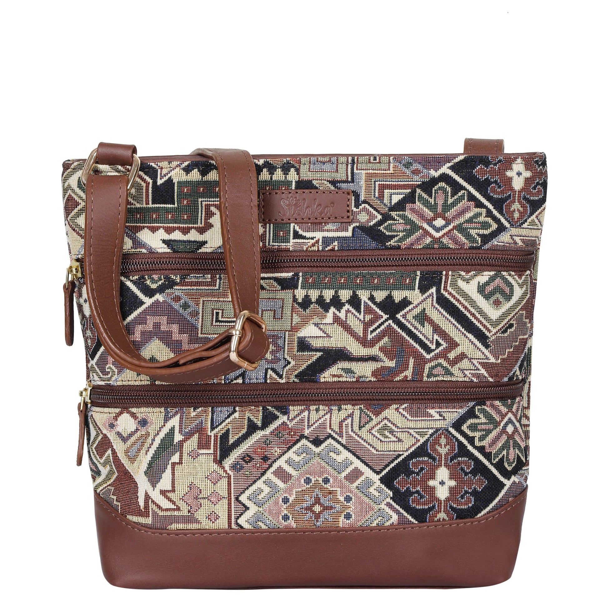 Women’s geometric tapestry crossbody sling bag with leather trim for daily, travel, office, and everyday use