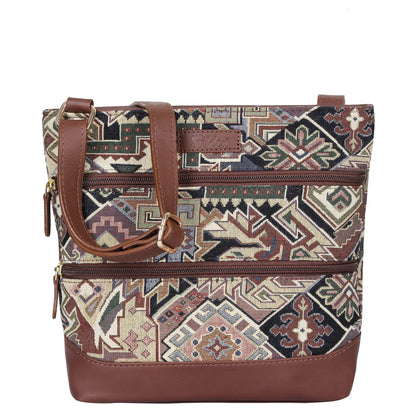 Women’s geometric tapestry crossbody sling bag with leather trim for daily, travel, office, and everyday use
