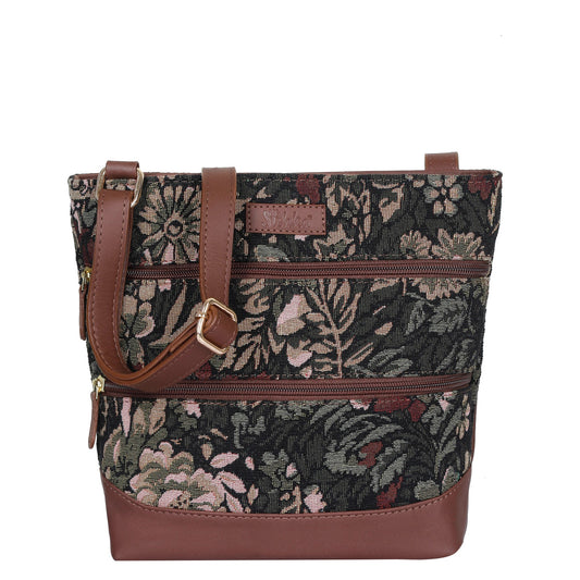 Vintage Tapestry Crossbody Sling Bag for Women – Shoulder & Messenger Purse with Genuine Leather Trim