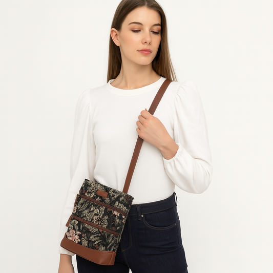 Vintage Tapestry Crossbody Sling Bag for Women – Shoulder & Messenger Purse with Genuine Leather Trim
