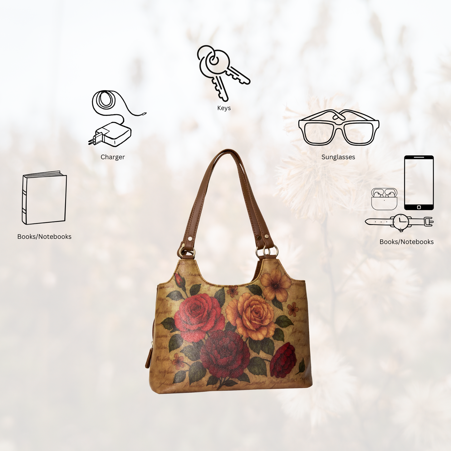 Roses Hand Printed Wholesale Vegan Leather Shoulder Tote Bag for Women – Stylish Top Handle Handbag Purse– Travel, Office & Daily Use