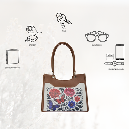 Flowers Hand Printed Women’s Wholesale Vegan Leather Satchel Handbag – Vegan Shoulder & Top Handle Bag – Office, Work, Travel & Daily Use