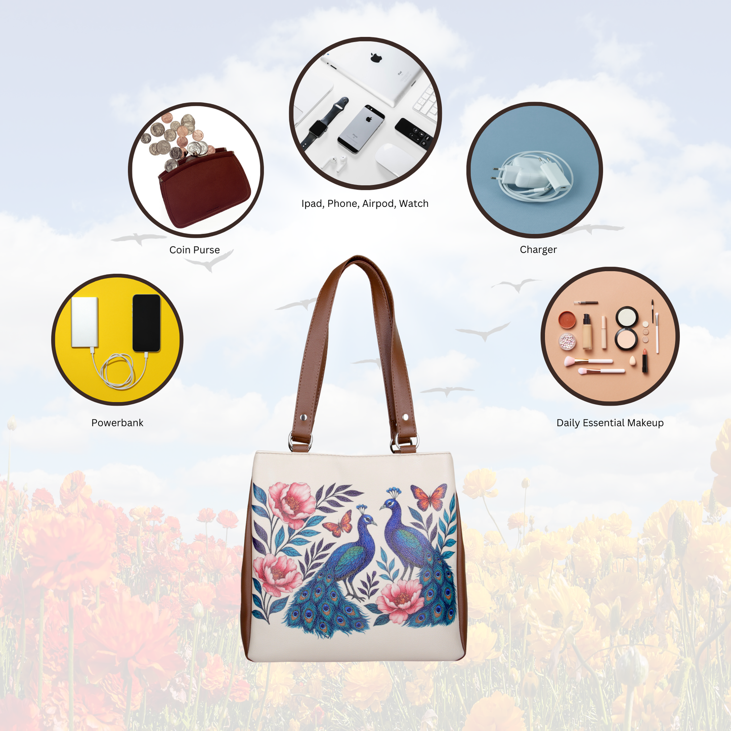 Hand Printed Peacock Vegan Leather Tote Shoulder Bag – Women’s Wholesale Multi‑Compartment Handbag for Work, Travel & Daily Use