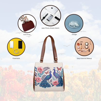 Hand Printed Peacock Vegan Leather Tote Shoulder Bag – Women’s Wholesale Multi‑Compartment Handbag for Work, Travel & Daily Use