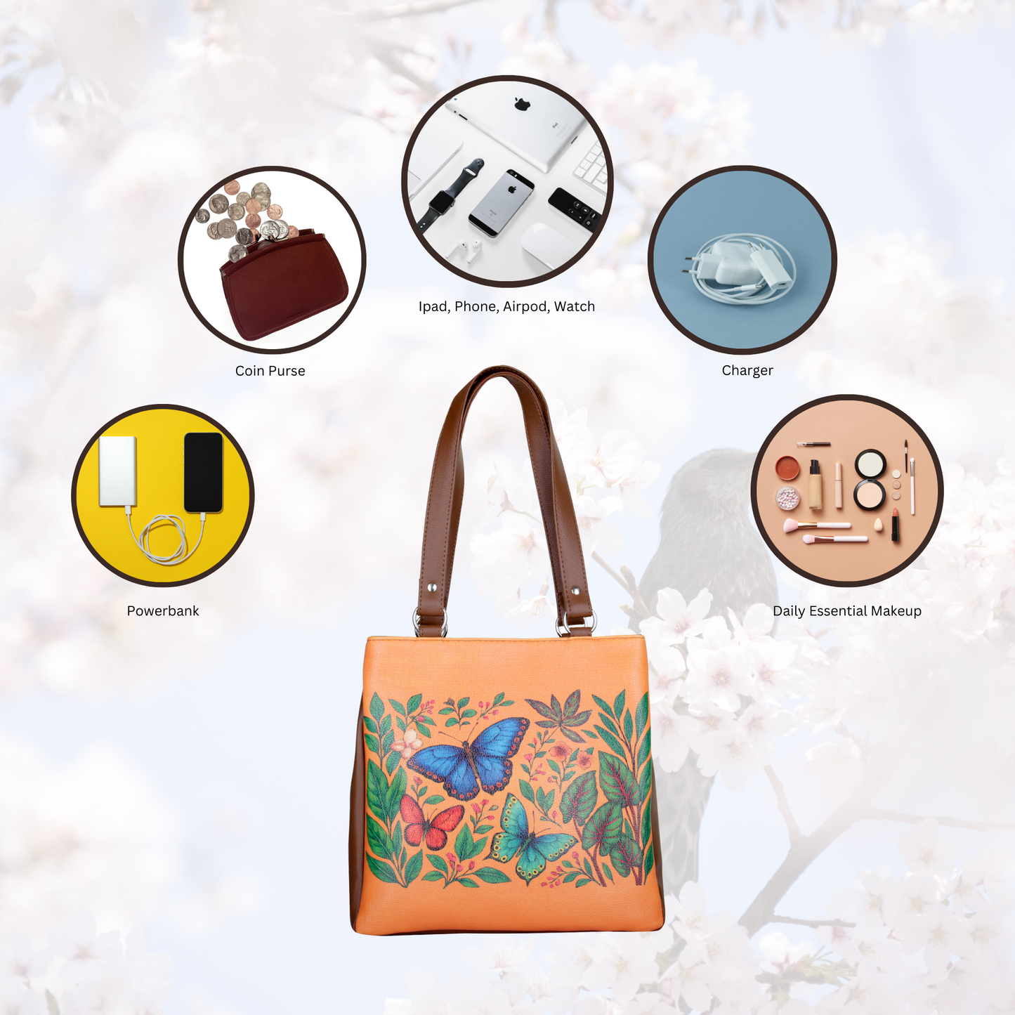 Hand Printed Butterflies Vegan Leather Tote Shoulder Bag – Women’s Wholesale Multi‑Compartment Handbag for Work, Travel & Daily Use