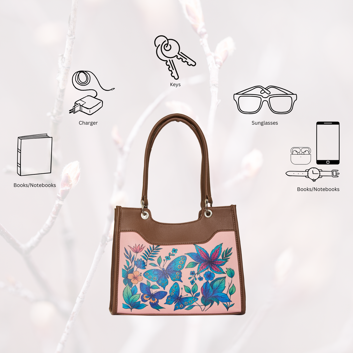 Women’s Wholesale Botanical Hand Printed Vegan Leather Satchel Handbag – Shoulder & Top Handle Bag – Office, Work, Travel & Daily Use