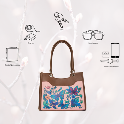 Women’s Wholesale Botanical Hand Printed Vegan Leather Satchel Handbag – Shoulder & Top Handle Bag – Office, Work, Travel & Daily Use