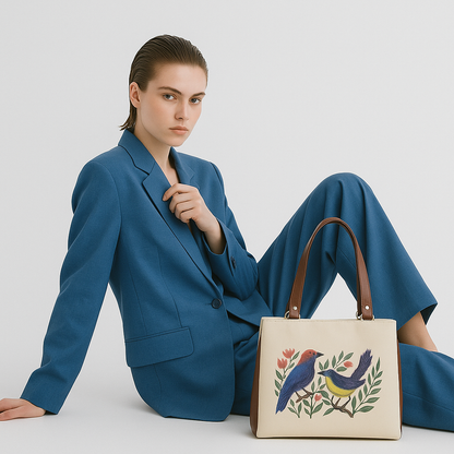 Women’s Wholesale Vegan Leather Tote Shoulder Bag – Hand Printed Birds Print, Multi‑Compartment Handbag for Work, Travel & Everyday Use