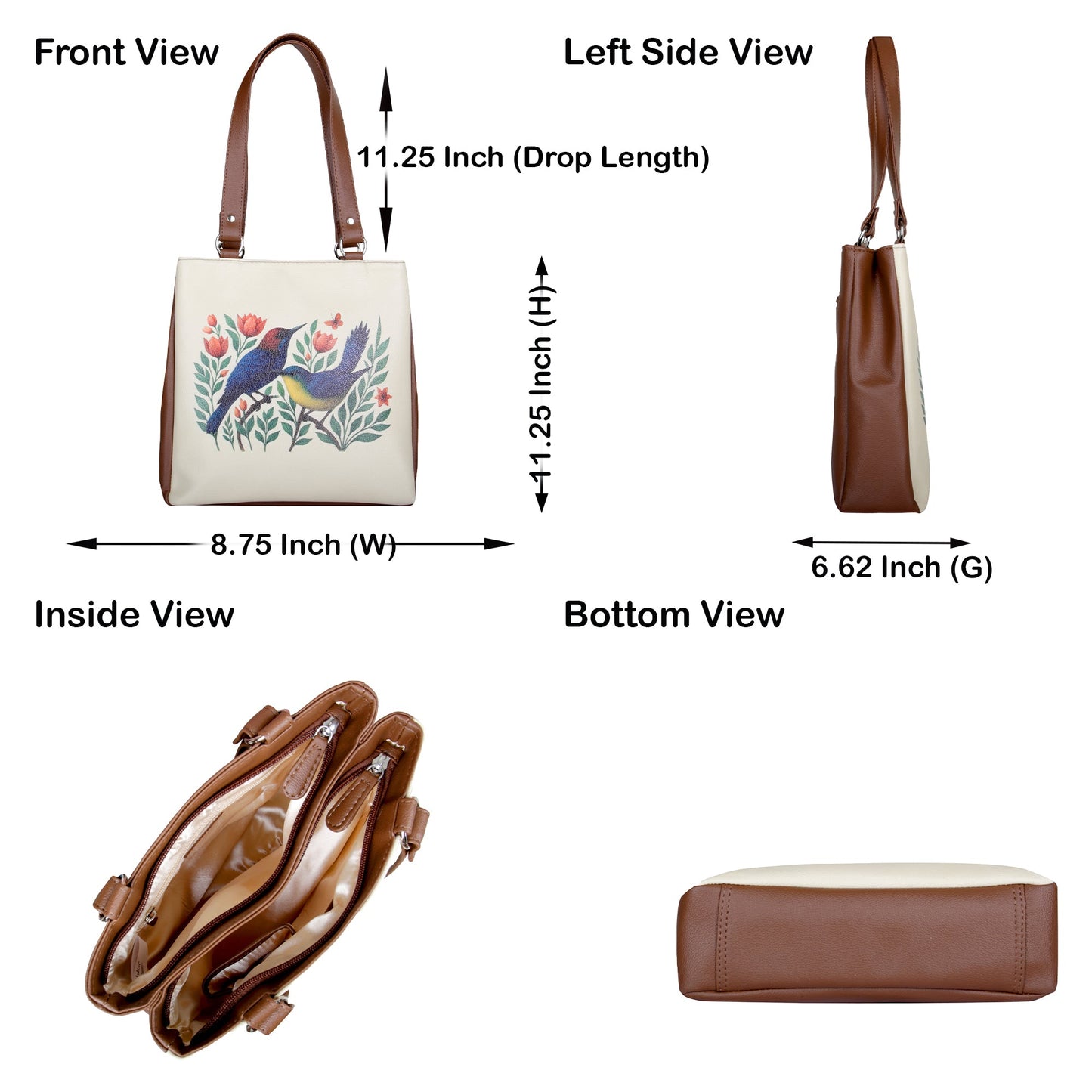 Women’s Wholesale Vegan Leather Tote Shoulder Bag – Hand Printed Birds Print, Multi‑Compartment Handbag for Work, Travel & Everyday Use
