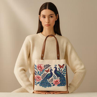 Hand Printed Peacock Vegan Leather Tote Shoulder Bag – Women’s Wholesale Multi‑Compartment Handbag for Work, Travel & Daily Use