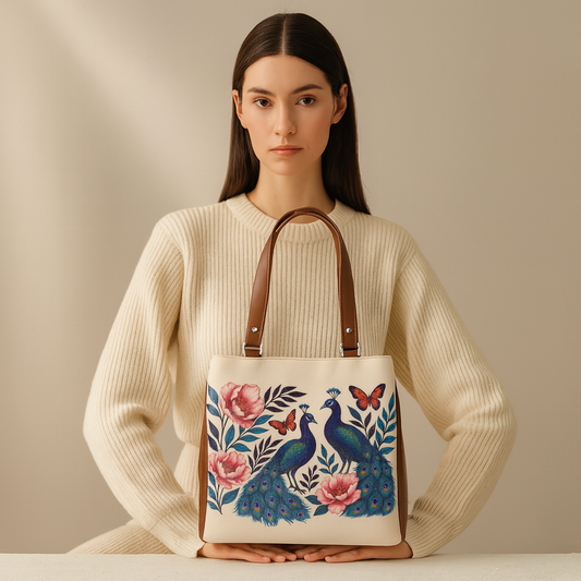 Hand Printed Peacock Vegan Leather Tote Shoulder Bag – Women’s Wholesale Multi‑Compartment Handbag for Work, Travel & Daily Use