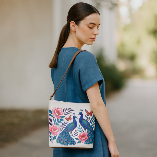 Peacock Hand Printed Vegan Leather Crossbody Bag – Adjustable Sling & Over the Shoulder Wholesale Bag for Women – Stylish Handbag & Travel Purse