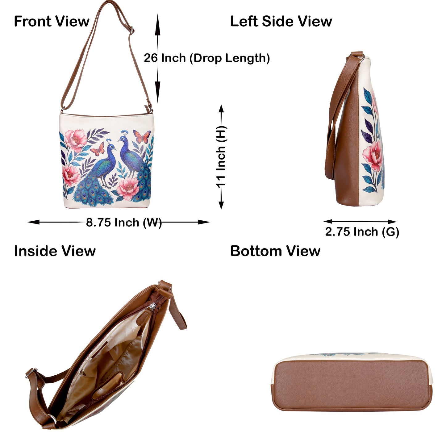 Peacock Hand Printed Vegan Leather Crossbody Bag – Adjustable Sling & Over the Shoulder Wholesale Bag for Women – Stylish Handbag & Travel Purse