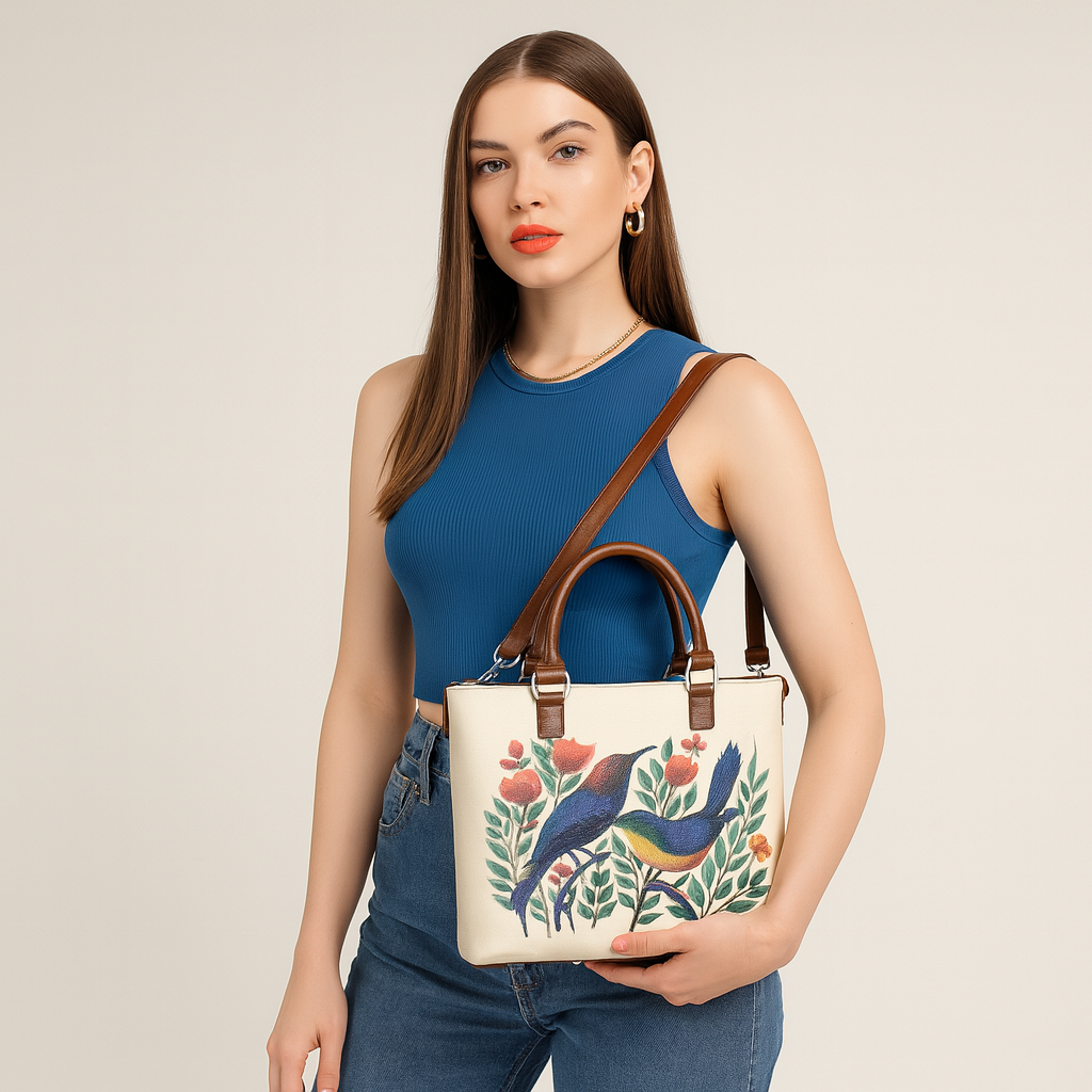 Women’s Birds Vegan Leather 3‑in‑1 Hand Printed Wholesale Convertible Shoulder Bag – Stylish Top Handle Crossbody Purse