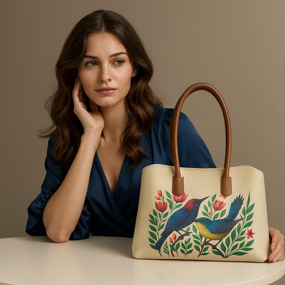 Vegan Leather Floral Bird Hand Printed Carryall Tote for Women – Wholesale Stylish Shoulder, Top Handle & Handbag – Office, Work, Travel & Daily Use