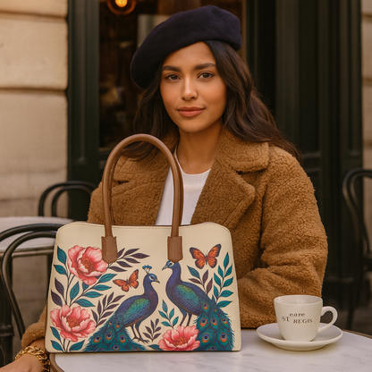Women’s Peacock Hand Printed Vegan Leather Wholesale Carryall Tote – Stylish Shoulder & Top Handle Bag for Everyday Use