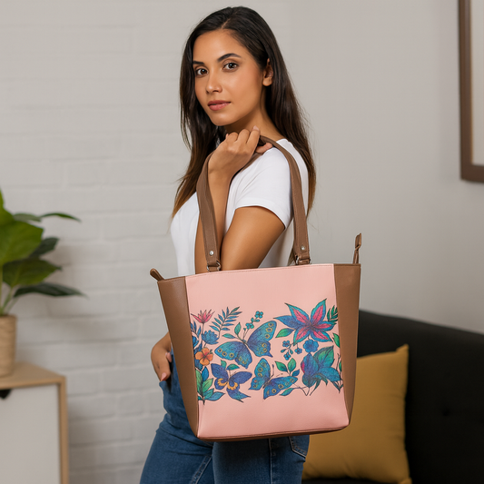 Wholesale Botanical Vegan Leather Shoulder Tote Bag– Hand Printed Vegan Top Handle Handbag for Women – Work, Travel & Daily Use
