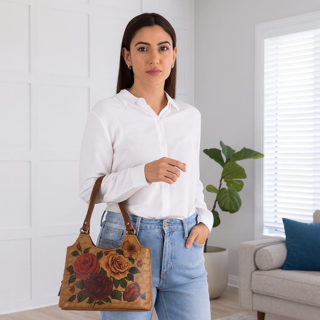 Roses Hand Printed Wholesale Vegan Leather Shoulder Tote Bag for Women – Stylish Top Handle Handbag Purse– Travel, Office & Daily Use