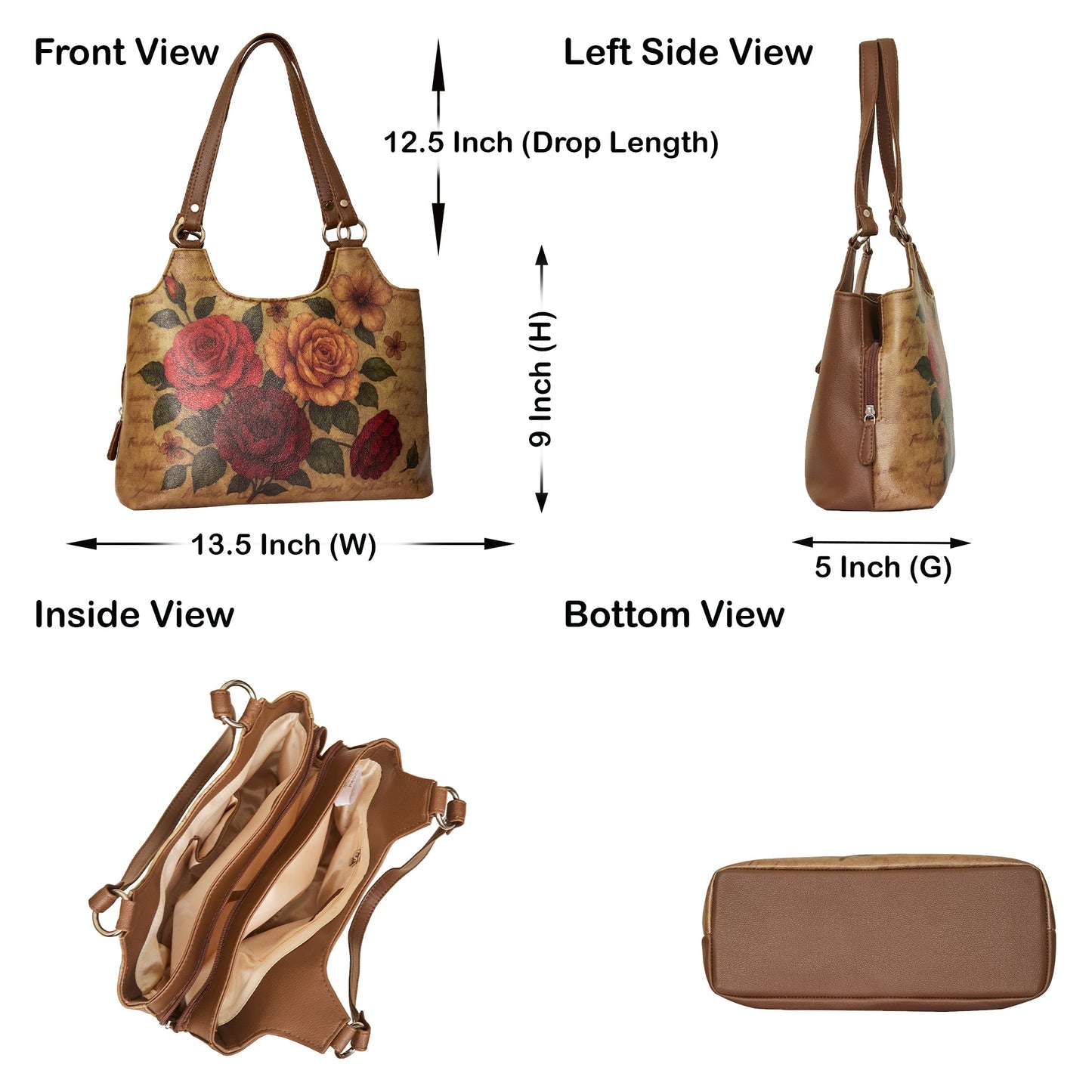 Roses Hand Printed Wholesale Vegan Leather Shoulder Tote Bag for Women – Stylish Top Handle Handbag Purse– Travel, Office & Daily Use