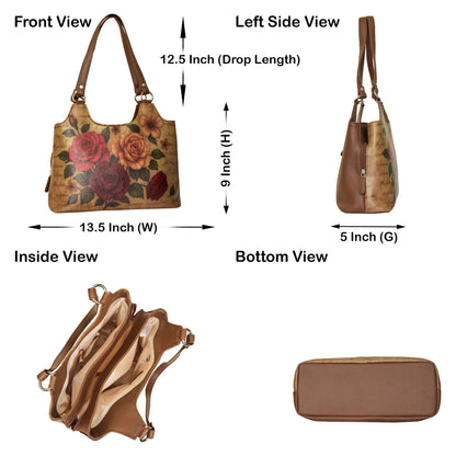 Roses Hand Printed Wholesale Vegan Leather Shoulder Tote Bag for Women – Stylish Top Handle Handbag Purse– Travel, Office & Daily Use