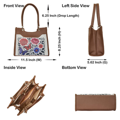 Flowers Hand Printed Women’s Wholesale Vegan Leather Satchel Handbag – Vegan Shoulder & Top Handle Bag – Office, Work, Travel & Daily Use