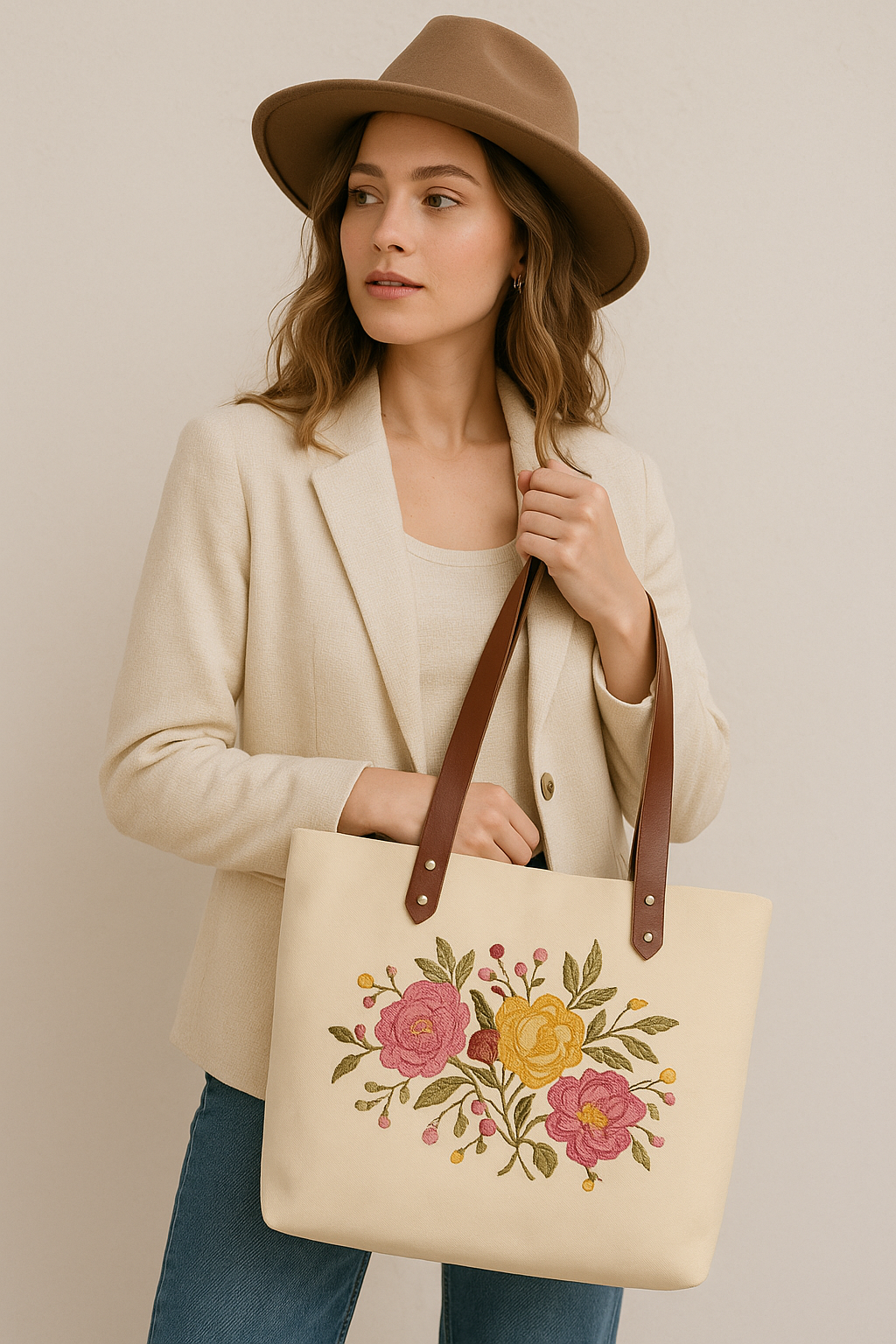 Wholesale Floral Embroidered Canvas Tote Bag with leather