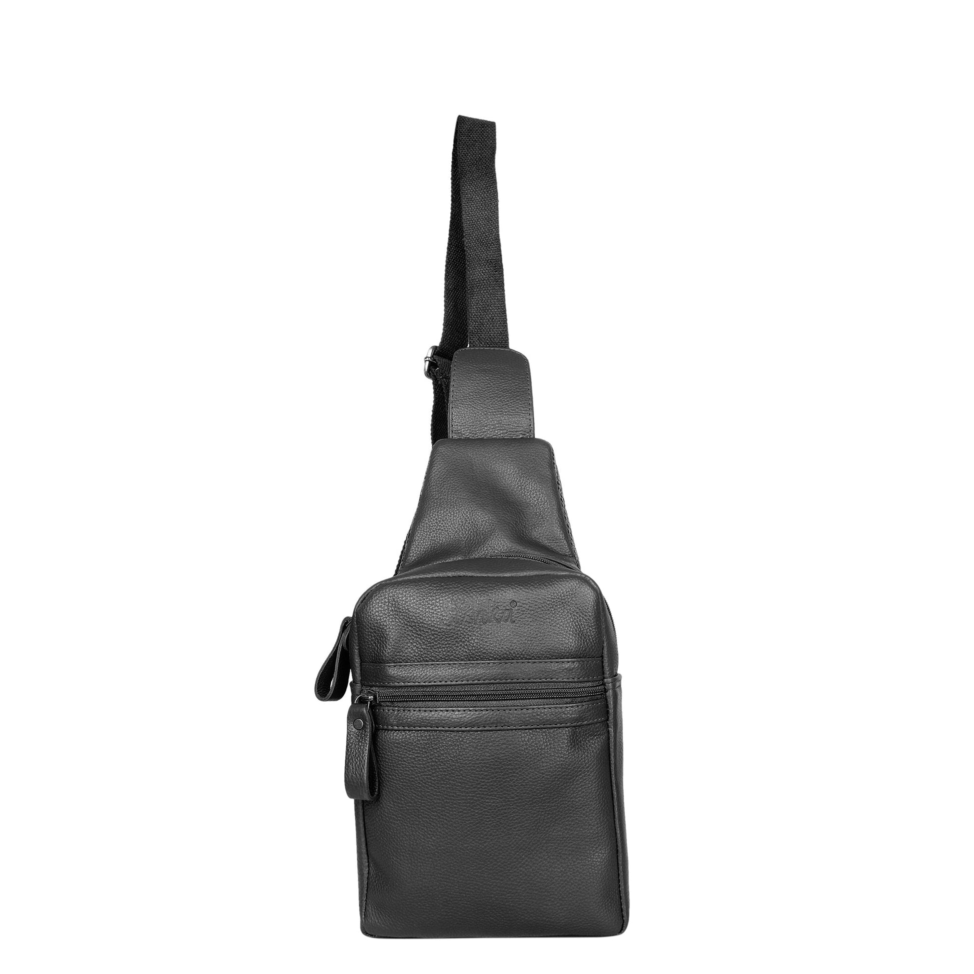 Unisex black genuine leather fanny pack worn as waist bag, chest sling, or crossbody belt bag