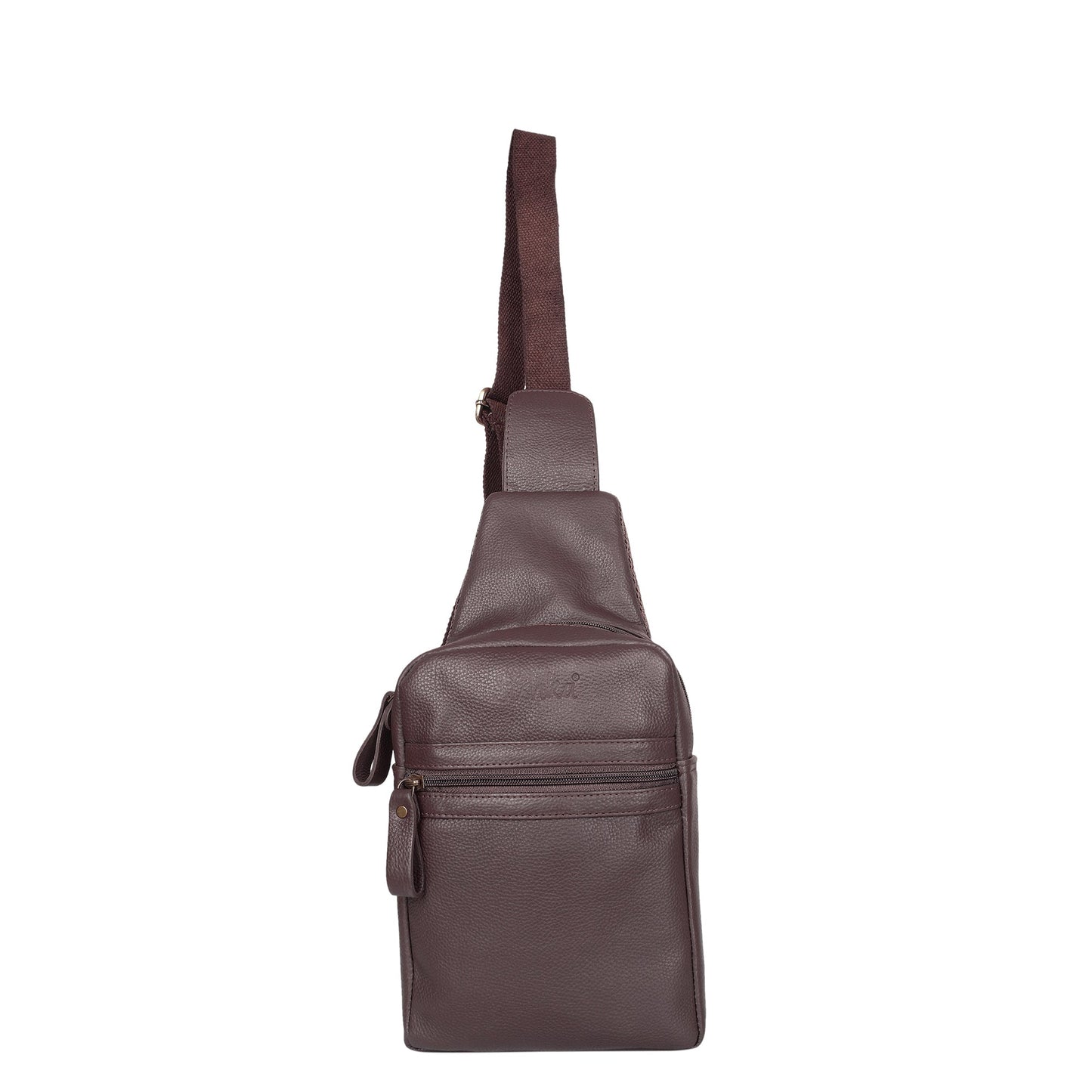 Unisex brown premium leather fanny pack worn as waist bag, chest sling, or crossbody belt bag