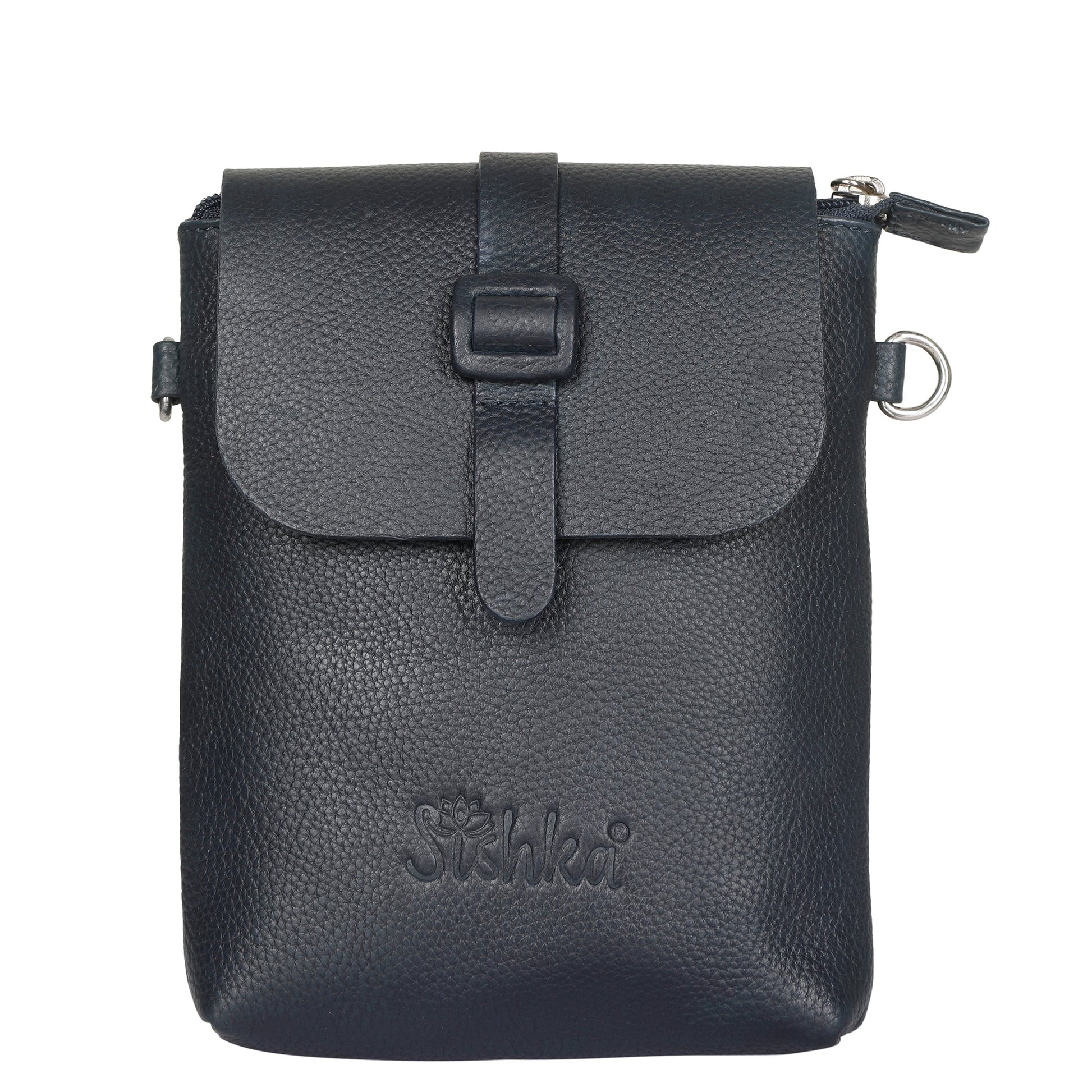 Unisex navy blue genuine leather messenger sling crossbody bag for work