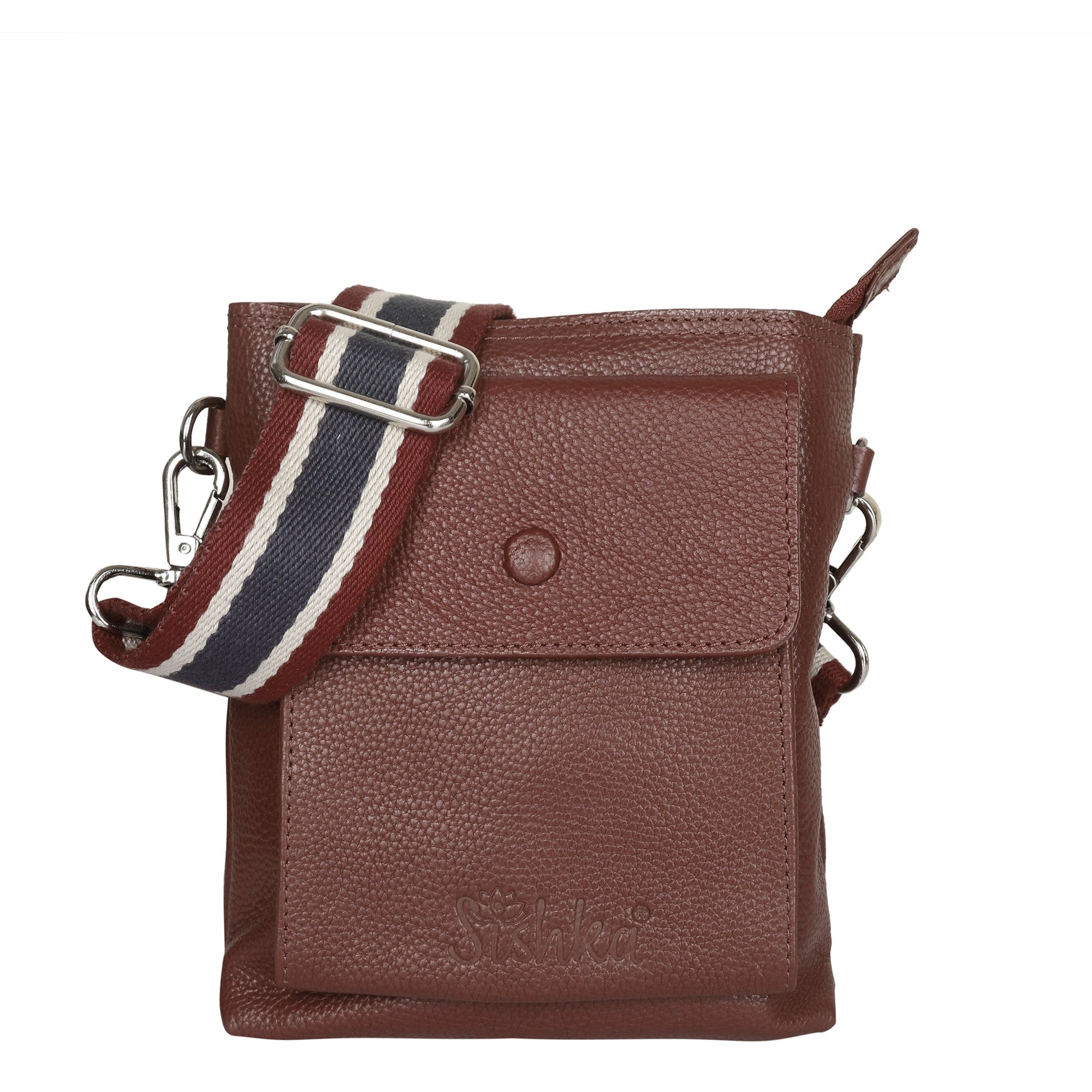 Unisex brown genuine leather messenger sling crossbody bag with structured slim body