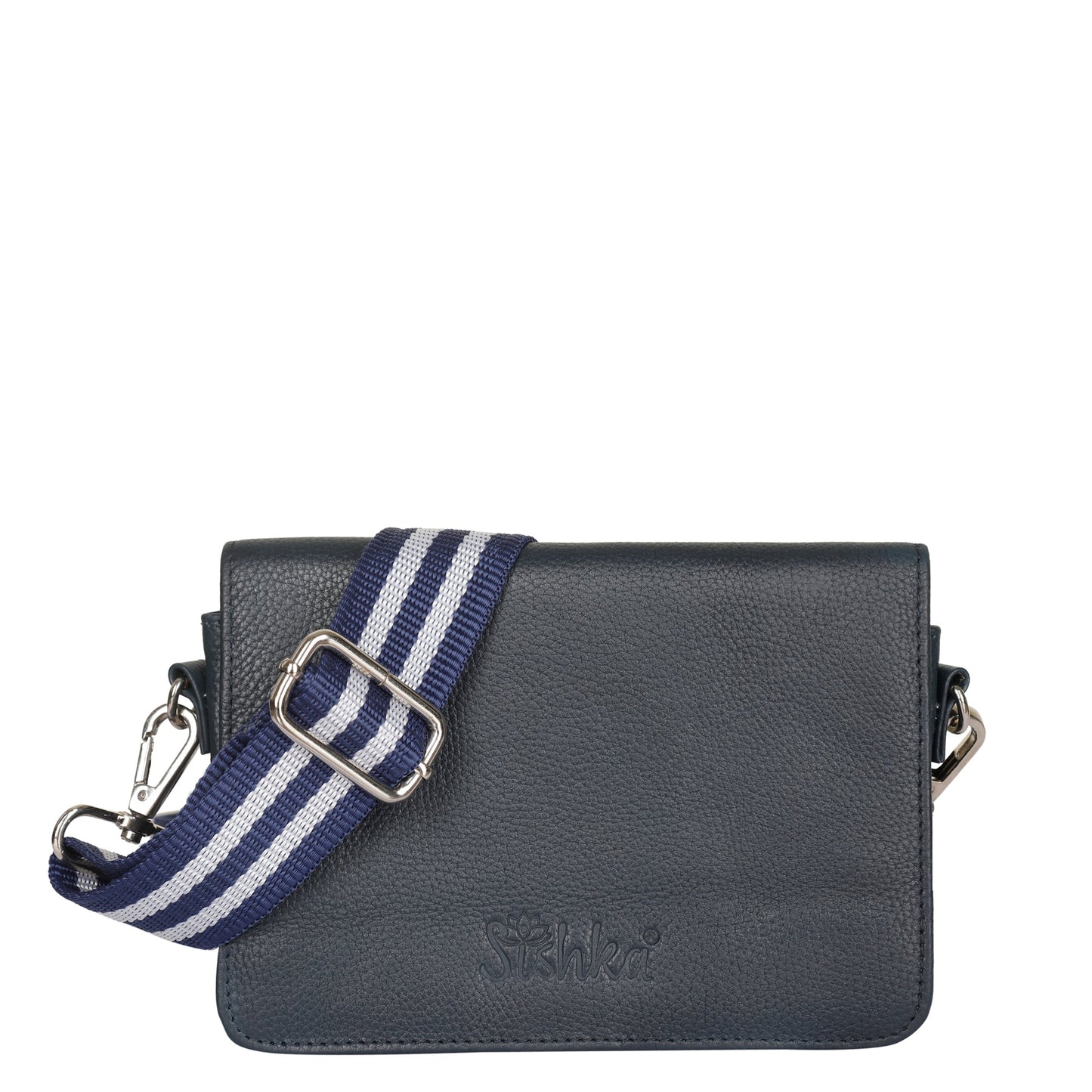 Navy blue genuine leather crossbody messenger bag for men and women with adjustable strap for travel, commuting, shopping, work, and everyday use