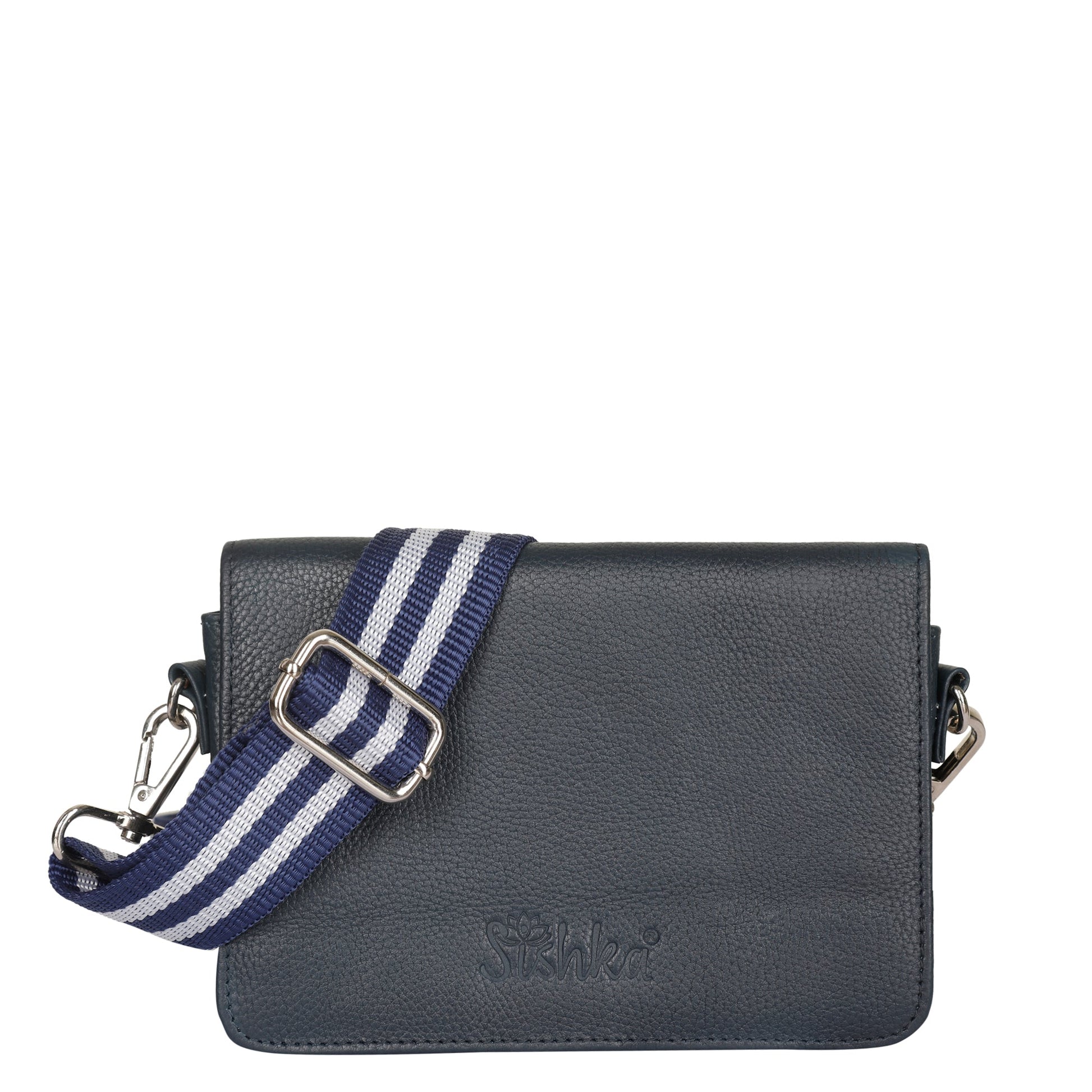 Navy blue genuine leather crossbody messenger bag for men and women with adjustable strap for travel, commuting, shopping, work, and everyday use