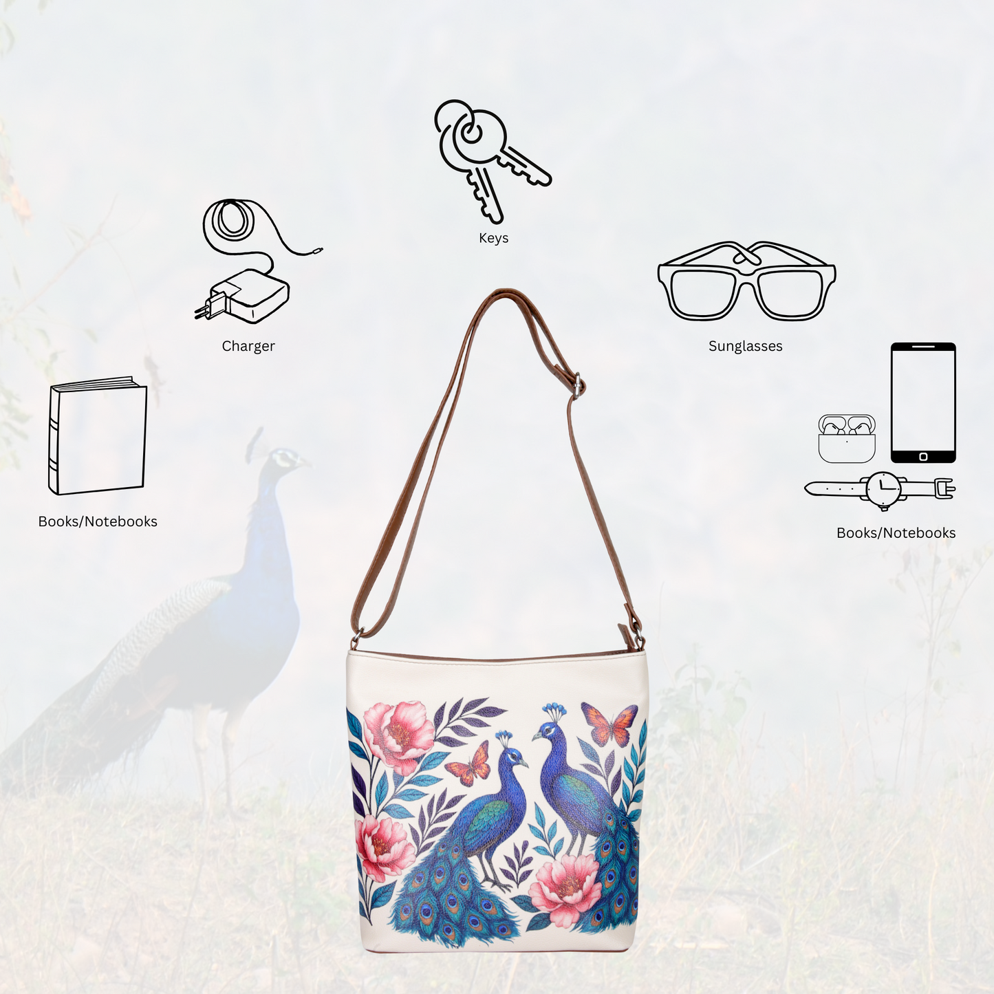 Peacock Hand Printed Vegan Leather Crossbody Bag – Adjustable Sling & Over the Shoulder Wholesale Bag for Women – Stylish Handbag & Travel Purse