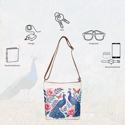 Peacock Hand Printed Vegan Leather Crossbody Bag – Adjustable Sling & Over the Shoulder Wholesale Bag for Women – Stylish Handbag & Travel Purse