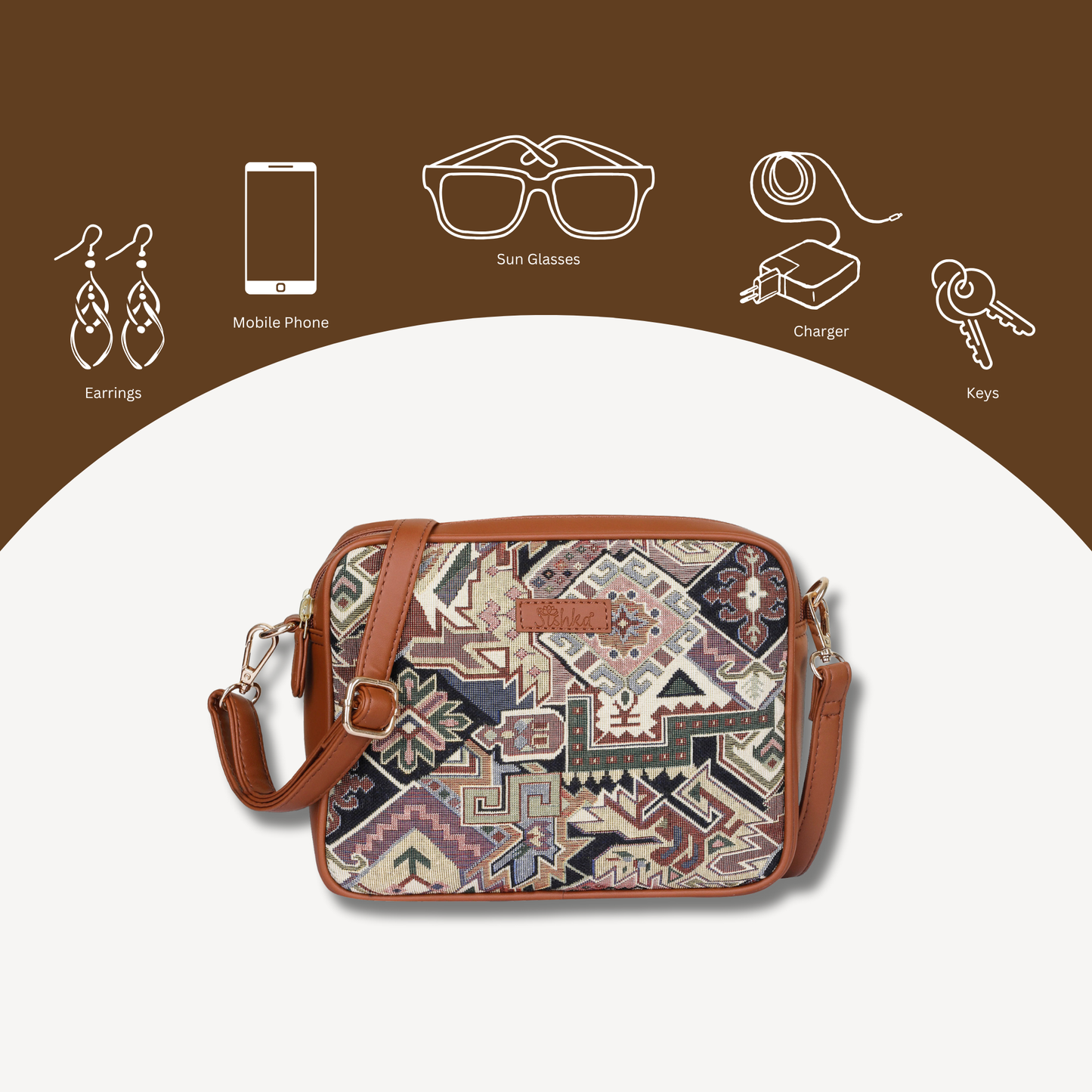Women Geometric Tapestry Shoulder & Crossbody Messenger Bag with Vegan Leather Trim Handle