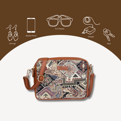 Women Geometric Tapestry Shoulder & Crossbody Messenger Bag with Vegan Leather Trim Handle
