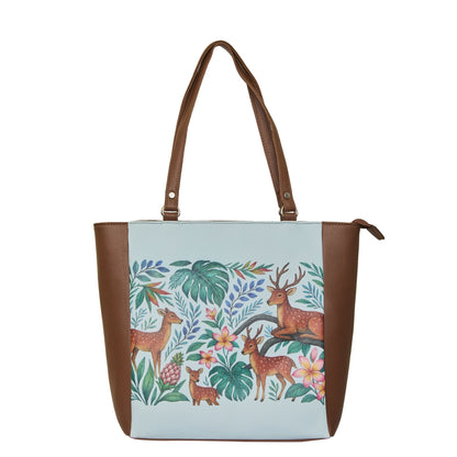 Deer Hand Printed Vegan Leather Wholesale Shoulder Tote Bag– Printed Vegan Top Handle Handbag for Women – Work, Travel & Daily Use
