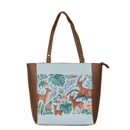 Deer Hand Printed Vegan Leather Wholesale Shoulder Tote Bag– Printed Vegan Top Handle Handbag for Women – Work, Travel & Daily Use