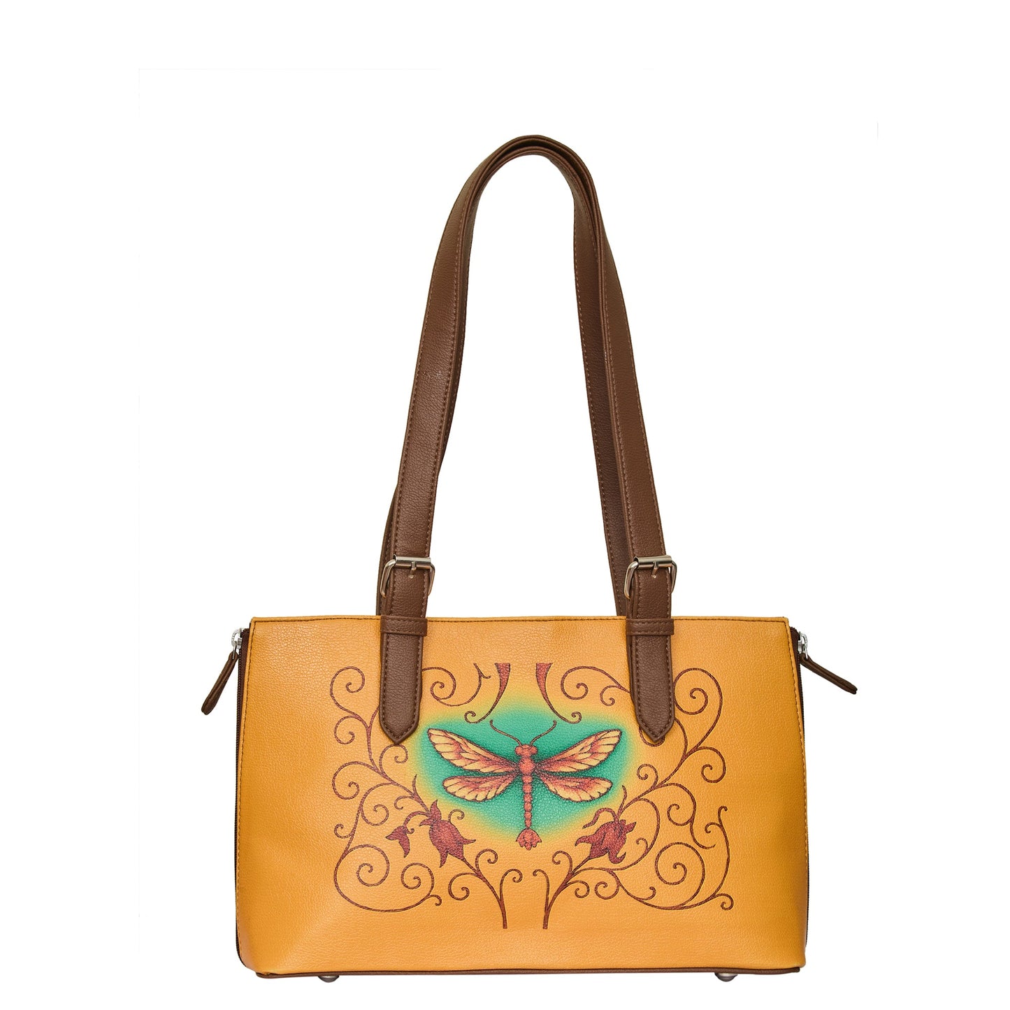 Women's vegan leather dragonfly print shoulder tote bag for work, travel and everyday use