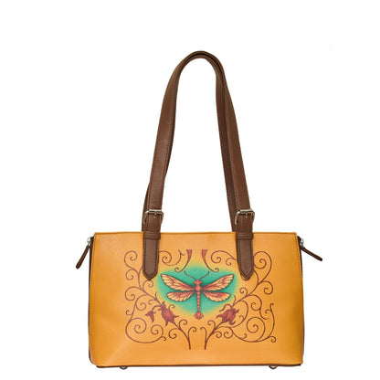 Women's vegan leather dragonfly print shoulder tote bag for work, travel and everyday use